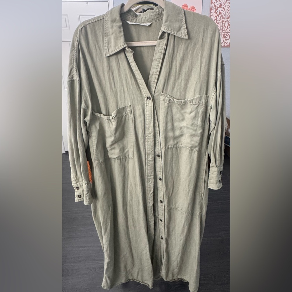 Zara Olive Button Down Shirt Dress